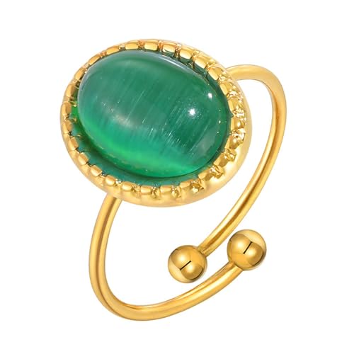 Bishilin Frauen Ringe Edelstahl Vergoldet Gold, Verlobungsring Solitär mit Grün Katzenaugenstein Offen Hochzeit Ring Damen Personalisiert Verstellbar von Bishilin