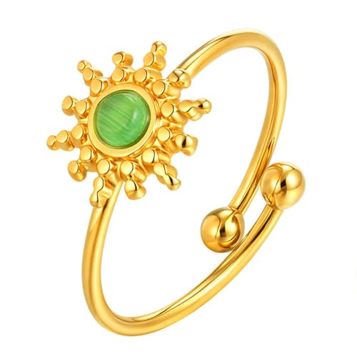 Bishilin Frauen Ringe Edelstahl Vergoldet Gold, Verlobungsring Sonnenblume mit Katzenaugenstein Offen Hochzeit Ring Damen Personalisiert Einstellbar von Bishilin