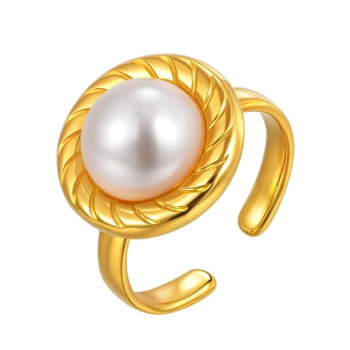 Bishilin Frauen Ringe Edelstahl Vergoldet Gold, Verlobungsring mit Perle Offen Hochzeit Ring Damen Personalisiert Einstellbar von Bishilin