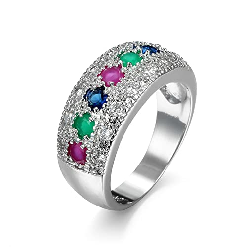 Bishilin Frauen Ringe Versilbert, Verlobungsringe Breit mit Rot Grün Blau Zirkonia Bandring Silber Ringe Damen Modeschmuck Ringgröße 62 (19.7) von Bishilin