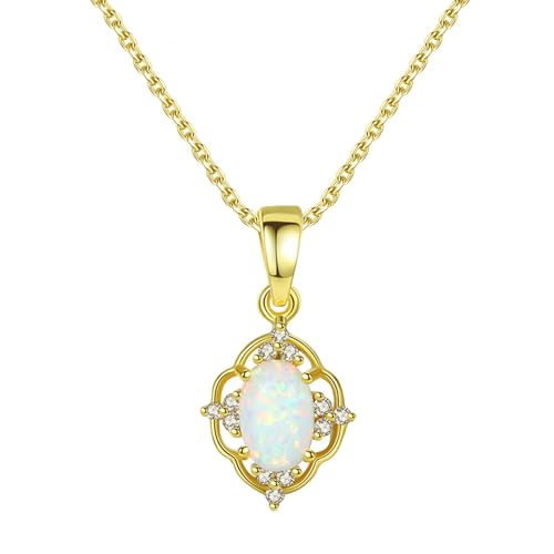 Bishilin Gold Halskette Damen 9 Karat Echtgold, Kette Anhänger Blume mit Opal und Diamant Halskette Gold 45CM für Charms Hochzeit von Bishilin