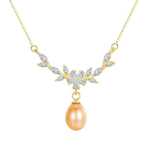 Bishilin Gold Kette 585 Echtgold, Damen Halskette Anhänger Zweig Blume mit Rosa Perle und Diamant Hochzeit Kette Gold 45CM für Frauen von Bishilin