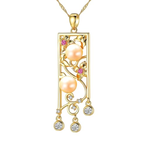 Bishilin Halskette Damen Gold 375 Echtgold, Charms Anhänger Filigran Blumen mit Rosa Perlen und Diamant Kette Frauen Gold 45CM für Hochzeit von Bishilin