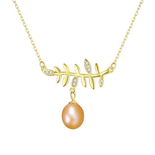 Bishilin Halskette Damen Gold 375 Echtgold 9K, Kette 45CM Gold Anhänger Rosa Perle und Zweig mit Diamant Hochzeit Halskette Frauen Freundin von Bishilin