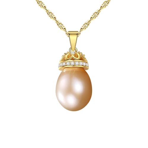 Bishilin Halskette Damen Gold 585, Kette Gold 45CM Charms Anhänger Krone mit Rosa Perle und Diamant Halskette Hochzeit Braut für Frauen von Bishilin