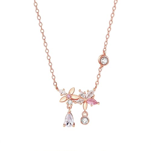 Bishilin Halskette Damen Rotgold 585, Kette Rosegold 45CM Charm Anhänger Blumen mit Rosa Saphir und Moissanit Halskette Hochzeit für Braut Frauen von Bishilin