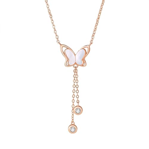 Bishilin Halskette Damen Rotgold 585, Kette Rosegold 45CM Charm Anhänger Schmetterling mit Muschel und Diamant Halskette Hochzeit für Frauen Braut von Bishilin