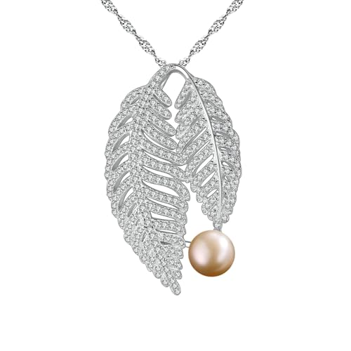 Bishilin Halskette Damen Weißgold 585, Kette Weißgold 45CM Charms Anhänger Rosa Perle und Blätter mit Diamant Halskette Hochzeit Braut für Frauen von Bishilin