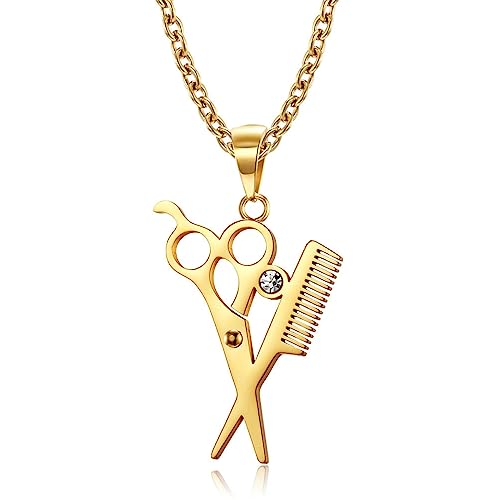 Bishilin Halskette Edelstahl 65CM, Herren Kette Gold mit Anhänger Personalisiert Scheren Kamm Halskette Charm für Männer von Bishilin