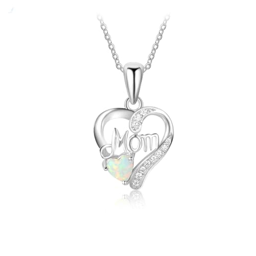 Bishilin Halskette Silber 925 45CM, Kette Damen Charms Anhänger Mom Herz mit Weiß Opal Halskette Personalisiert für Frauen von Bishilin