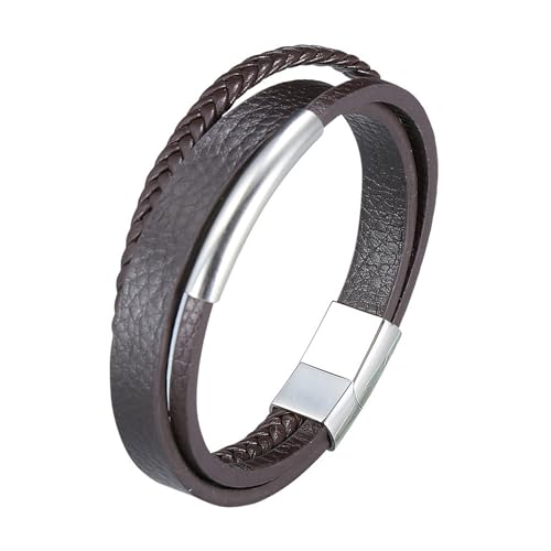 Bishilin Herren Armbänder Leder, Personalisiertes Armband Männer 12MM 3-Layer Geflochten mit Geometrie Magnetverschluss Leder Armbänder Braun 18.5CM von Bishilin