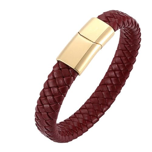 Bishilin Herren Armbänder Leder, Personalisiertes Armband Männer 12MM Geflochten mit Magnetverschluss Leder Armbänder Dunkelrot 18.5CM von Bishilin