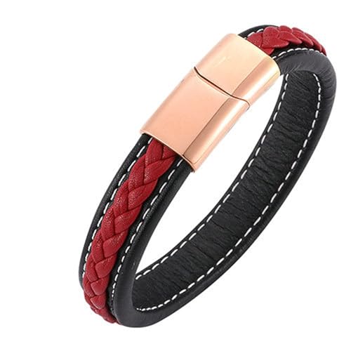 Bishilin Herren Armbänder Leder, Personalisiertes Armband Männer 12MM Geflochten mit Magnetverschluss Leder Armbänder Schwarz Rot 18.5CM von Bishilin