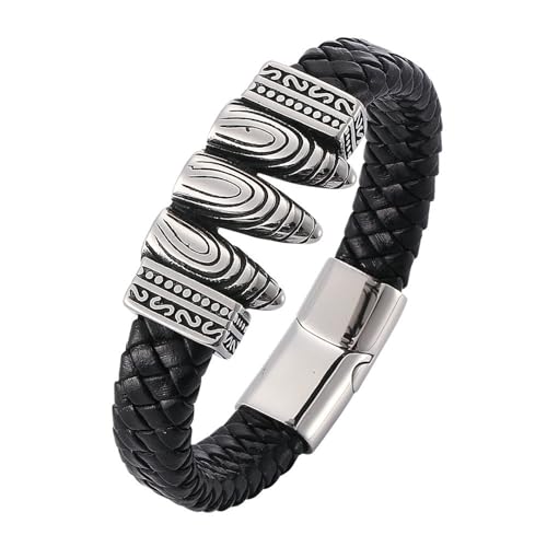 Bishilin Herren Armbänder Leder, Personalisiertes Armband Männer 12MM Geometrie mit Gestreift Magnetverschluss Leder Armbänder Schwarz 16.5CM von Bishilin