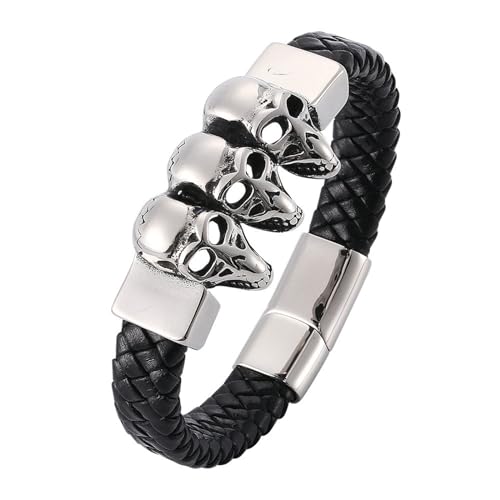 Bishilin Herren Armbänder Leder, Personalisiertes Armband Männer 12MM Totenköpfe Schädel mit Magnetverschluss Leder Armbänder Schwarz 16.5CM von Bishilin