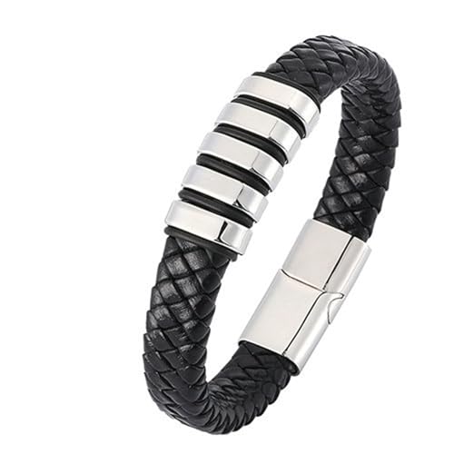 Bishilin Herren Armbänder Leder 12MM, Personalisiertes Armband Männer Geflochten mit Geometrie Magnetverschluss Leder Armbänder Schwarz 16.5CM von Bishilin