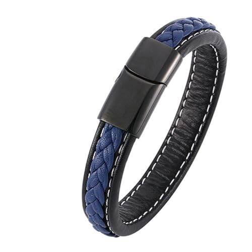 Bishilin Herren Armbänder Leder 12MM, Personalisiertes Armband Männer Geflochten mit Magnetverschluss Leder Armbänder Schwarz Blau 16.5CM von Bishilin