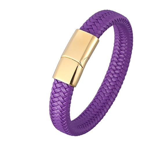 Bishilin Herren Armbänder Leder 12MM, Personalisiertes Armband Männer Geflochten mit Magnetverschluss Leder Armbänder Violett 18.5CM von Bishilin