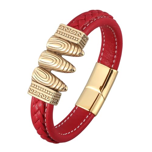 Bishilin Herren Armbänder Leder mit Gravur, Personalisiertes Armband Männer 12MM mit Vintage Geometrie Magnetverschluss Leder Armbänder Rot 20.5CM von Bishilin