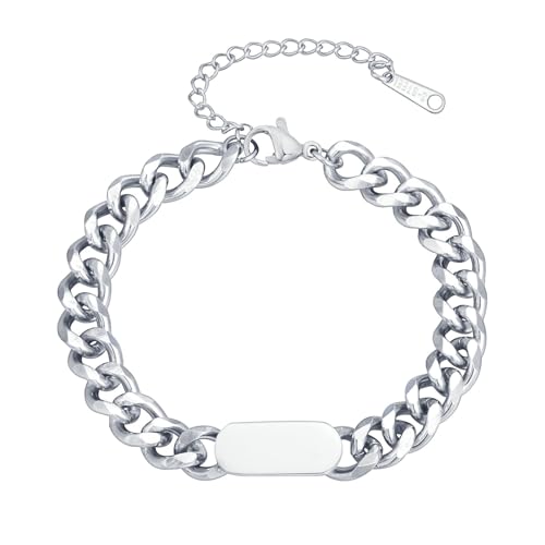 Bishilin Herren Armband Edelstahl, Charm Armbänder mit Schild Panzerarmband 7.8MM Partnerarmband Personalisiert Armband Männer 21 CM Silber von Bishilin