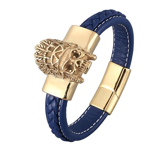 Bishilin Herren Armband Edelstahl, Lederarmbänder 16.5CM Blau mit Indianer Totenkopf 12MM Magnetverschluss Charm Armband Männer Personalisiert von Bishilin