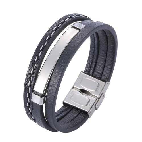 Bishilin Herren Armband Edelstahl, Lederarmbänder 16.5CM Schwarz 3-Layer mit Schild 18MM Sicherheitsverschluss Charm Armband Männer Personalisiert von Bishilin