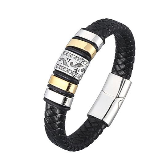 Bishilin Herren Armband Edelstahl, Lederarmbänder 16.5CM Schwarz Filigran mit Zirkonia 12MM Magnetverschluss Charm Armband Männer Personalisiert von Bishilin