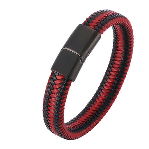 Bishilin Herren Armband Edelstahl, Lederarmbänder 16.5CM Schwarz Rot Gewebt 12MM mit Magnetverschluss Charm Armband Männer Personalisiert von Bishilin