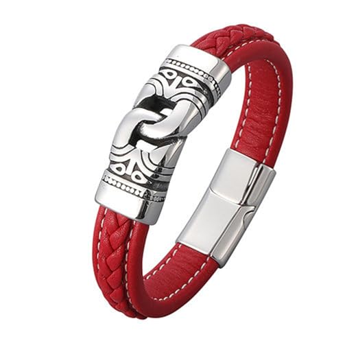 Bishilin Herren Armband Edelstahl, Lederarmbänder 18.5CM Rot Ethno Knoten 12MM mit Magnetverschluss Charm Armband Männer Personalisiert von Bishilin