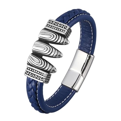 Bishilin Herren Armband Edelstahl, Lederarmbänder 20.5CM Blau mit Vintage Geometrie 12MM Magnetverschluss Charm Armband Männer Personalisiert von Bishilin