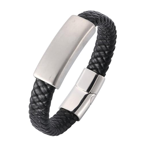 Bishilin Herren Armband Edelstahl, Lederarmbänder 20.5CM Schwarz Glänzend Schild 12MM mit Magnetverschluss Charm Armband Männer Personalisiert von Bishilin