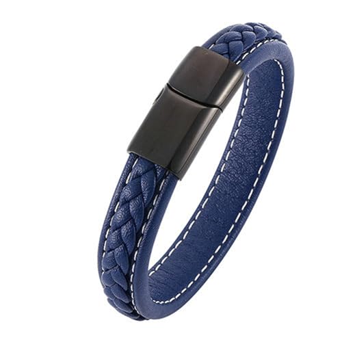 Bishilin Herren Armband Leder Blau 16.5CM, Partner Armband Magnetisch Geflochten Lederarmband Personalisiert 12MM von Bishilin