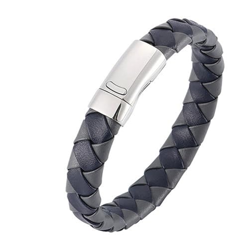 Bishilin Herren Armband Leder Grau Blau 18.5CM, Partner Armband Magnetisch Geflochten Lederarmband Personalisiert 12MM von Bishilin