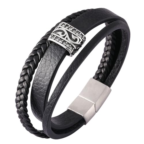 Bishilin Herren Armband Leder Schwarz 16.5CM, Partner Armbänder Personalisiert 3-Layer Filigran mit Zirkonia Geflochten Lederarmband Männer Gravur Magnetverschluss von Bishilin