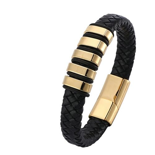 Bishilin Herren Armband Leder Schwarz 16.5CM, Partner Armbänder Personalisiert Geflochten mit Geometrie Lederarmband Männer Gravur Magnetverschluss von Bishilin