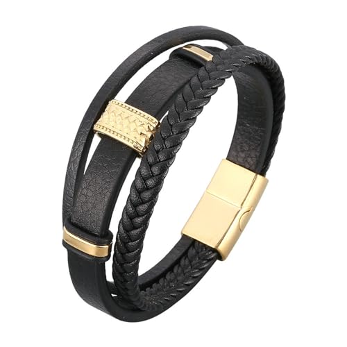 Bishilin Herren Armband Leder Schwarz 18.5CM, Partner Armband Magnetisch 3-Layer Geflochten mit Geometrie Lederarmband Personalisiert 12MM von Bishilin