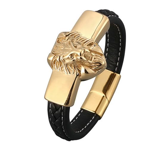 Bishilin Herren Armband Leder Schwarz 18.5CM, Partner Armband Magnetisch mit Löwe Lederarmband Personalisiert 12MM von Bishilin
