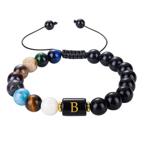 Bishilin Herren Armband Perlen, Perlenarmbänder Männer Chakra 10MM Schwarz Onyx und Naturstein mit Buchstabe B Charm Armband Personalisiert Verstellbar von Bishilin