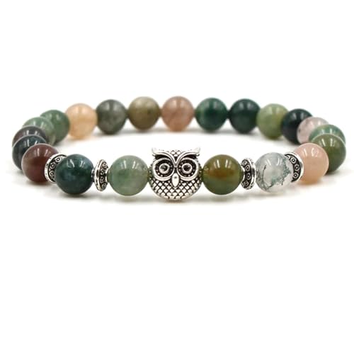 Bishilin Herren Armband Perlen, Perlenarmbänder Männer Chakra 8MM Indischer Achat mit Silber Eule Charm Armband Personalisiert 19CM von Bishilin