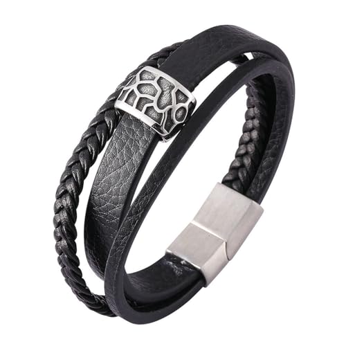 Bishilin Herren Armband Personalisiert, Lederarmbänder 20.5CM Schwarz 3-Layer Geflochten mit Geometrie mit Magnetverschluss Charm Armband Männer Gravur von Bishilin