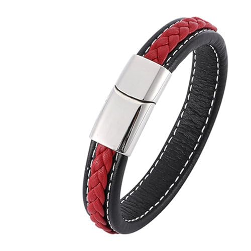 Bishilin Herren Armband Personalisiert, Lederarmbänder 20.5CM mit Magnetverschluss Gewebt Charm Armband Männer Schwarz Rot 12MM von Bishilin