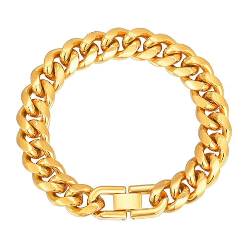 Bishilin Herren Armband Verstellbar 18CM, Männer Armbänder Edelstahl Dick 12MM Panzerkette Freundschaftsarmband Charm Armband Personalisiert Gold von Bishilin