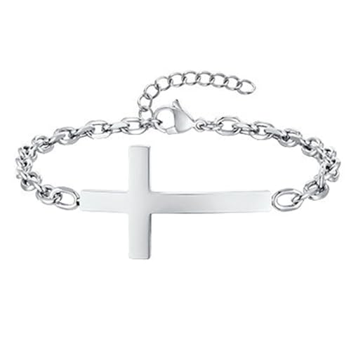 Bishilin Herren Armband Verstellbar 21CM, Armbänder Männer Edelstahl Kreuz Gliederarmband Freundschaftsarmband Charm Armband Personalisiert Silber von Bishilin