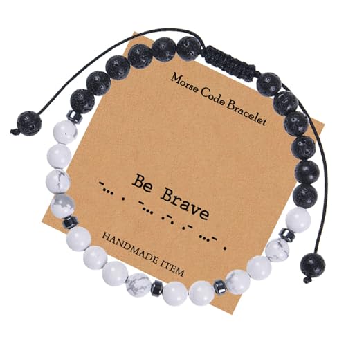 Bishilin Herren Damen Armband Perlen, Paar Armbänder Charms 6MM Howlith Schwarz Lavagestein mit Morsealphabet Be Brave Perlenarmband Chakra Personalisiert Verstellbar von Bishilin