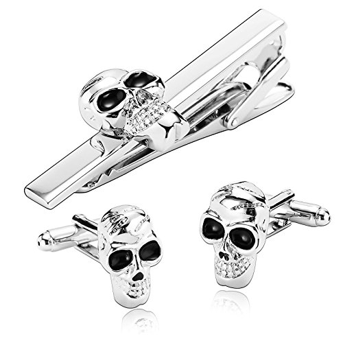 Bishilin Herren Hochzeit Manschettenknöpfe Krawattenklammer Edelstahl Vintage Gothic Schädel Totenkopf Hemd Manschettenknopf Krawattennadel Silber Set von Bishilin