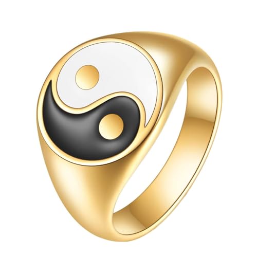 Bishilin Herren Ringe Edelstahl, Ring Personalisiert YinYang 13MM Siegelring Gold Ring Männer Nickelfrei Freundschaftsringe Größe 57 (18.1) von Bishilin