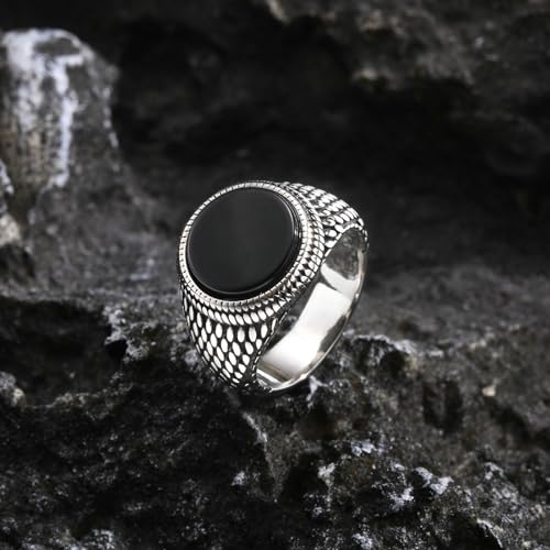 Bishilin Herren Ringe Personalisiert, Gothic Ring Edelstahl mit Schwarzem Achat Sieglring Partnerring Silber Ringe Männer Hip Hop Gr.62 (19.7) von Bishilin