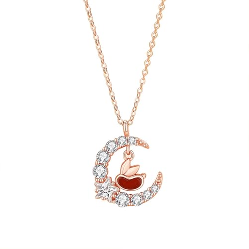 Bishilin Kette 750 Rotgold Damen, Halskette Rosegold 45CM Charms Anhänger Kaninchen Stern Mond mit Moissanit Hochzeit Kette für Frauen Braut von Bishilin