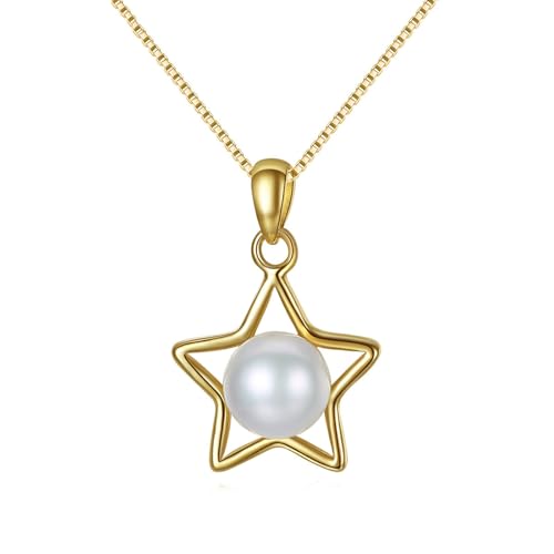 Bishilin Kette Anhänger 375 Gold, Damen Halskette Stern und Weiß Perle Anhänger Kette Gold 45CM für Charms Hochzeit von Bishilin