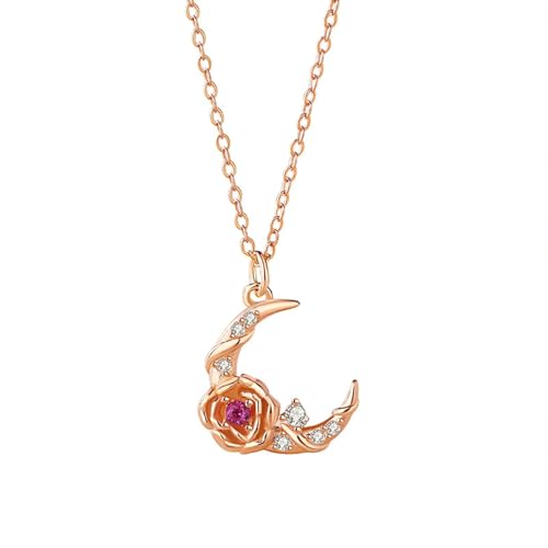 Bishilin Kette Anhänger 375 Rotgold, Damen Halskette Anhänger Mond Rose mit Turmalin Diamant Frauen Kette Rosegold 45CM für Charms Hochzeit von Bishilin